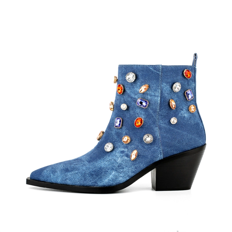 Women's Blue Denim Rhinestone Western Cowboy Boots Block Heel Ankle Booties 4 Women's Blue Denim Rhinestone Western Cowboy Boots Block Heel Ankle Booties - Image 2