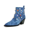 Women's Blue Denim Rhinestone Western Cowboy Boots Block Heel Ankle Booties
