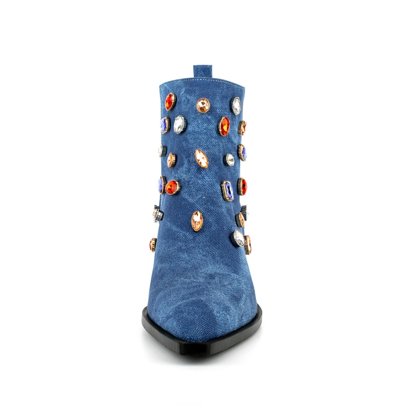 Women's Blue Denim Rhinestone Western Cowboy Boots Block Heel Ankle Booties 5 Women's Blue Denim Rhinestone Western Cowboy Boots Block Heel Ankle Booties - Image 3