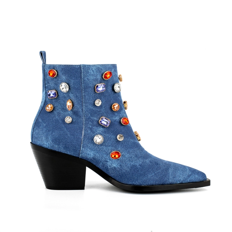 Women's Blue Denim Rhinestone Western Cowboy Boots Block Heel Ankle Booties 6 Women's Blue Denim Rhinestone Western Cowboy Boots Block Heel Ankle Booties - Image 4