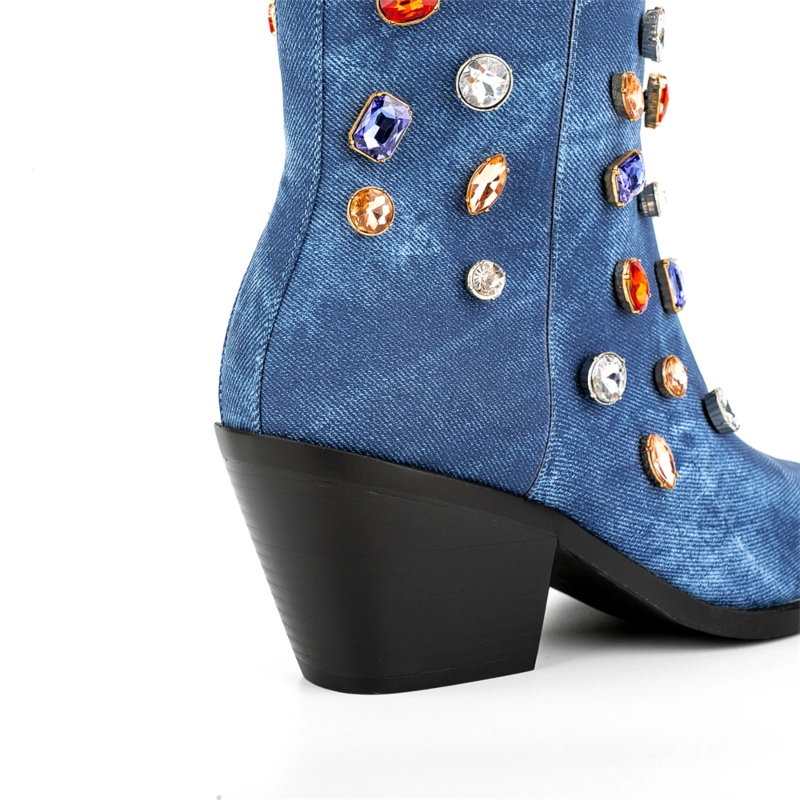 Women's Blue Denim Rhinestone Western Cowboy Boots Block Heel Ankle Booties 7 Women's Blue Denim Rhinestone Western Cowboy Boots Block Heel Ankle Booties - Image 5