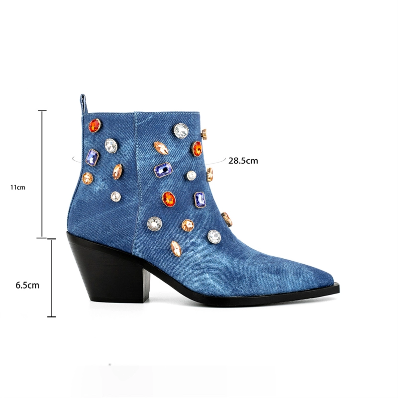Women's Blue Denim Rhinestone Western Cowboy Boots Block Heel Ankle Booties 11 Women's Blue Denim Rhinestone Western Cowboy Boots Block Heel Ankle Booties - Image 9