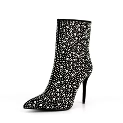 Black Rinestone Stiletto Heel Pointed Toe Ankle Boots