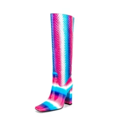 Pink And Blue Multicolor Square Toe Chunky Heels Knee High Boots
