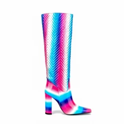 Pink And Blue Multicolor Square Toe Chunky Heels Knee High Boots -Ladies Fashion Shoes ushs 139.jpg.mst