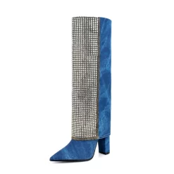 Blue Denim Pointed Toe Chunky Heel Rhinestone Fold Over Knee High Boots
