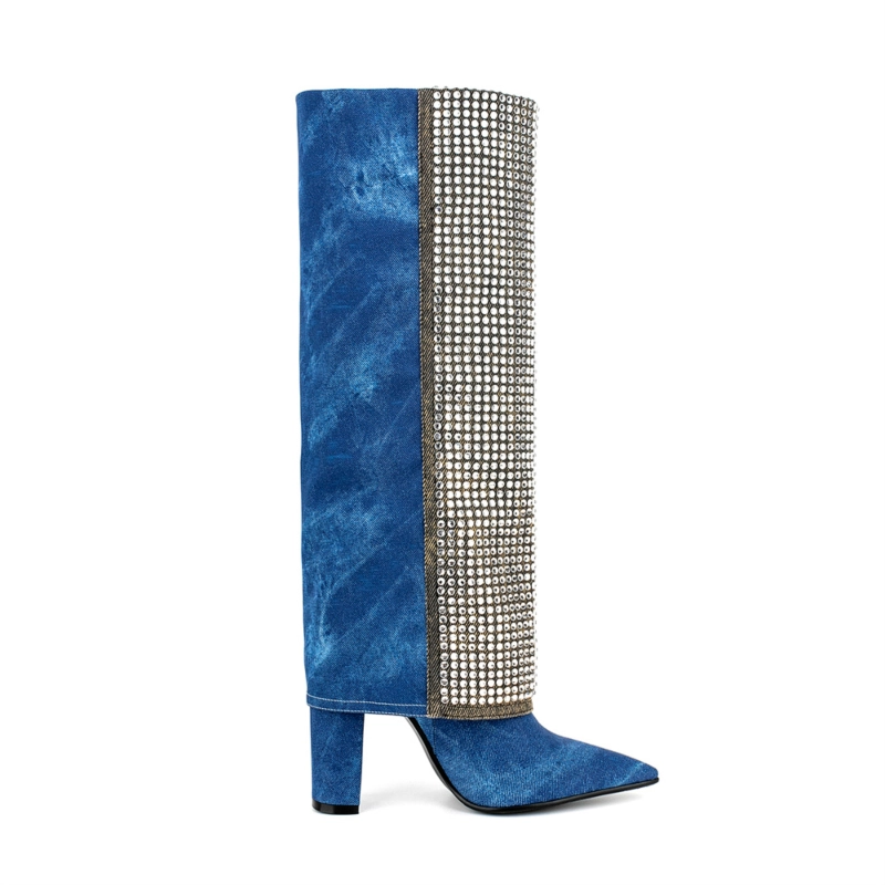 Blue Denim Pointed Toe Chunky Heel Rhinestone Fold Over Knee High Boots 10 Blue Denim Pointed Toe Chunky Heel Rhinestone Fold Over Knee High Boots - Image 8