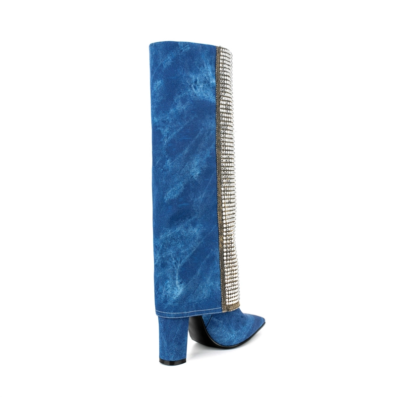 Blue Denim Pointed Toe Chunky Heel Rhinestone Fold Over Knee High Boots 11 Blue Denim Pointed Toe Chunky Heel Rhinestone Fold Over Knee High Boots - Image 9