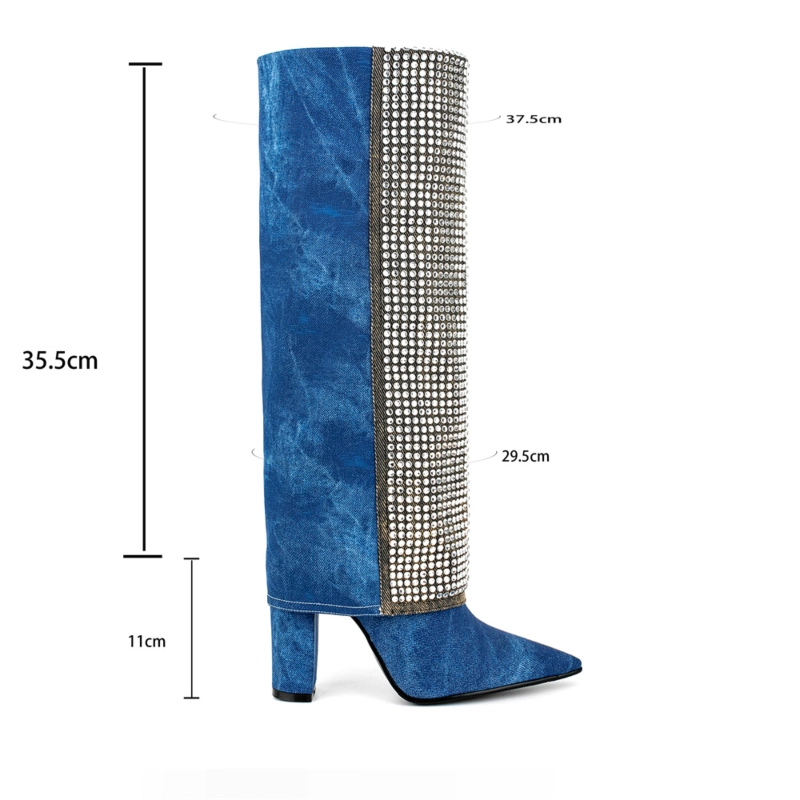 Blue Denim Pointed Toe Chunky Heel Rhinestone Fold Over Knee High Boots 7 Blue Denim Pointed Toe Chunky Heel Rhinestone Fold Over Knee High Boots - Image 5