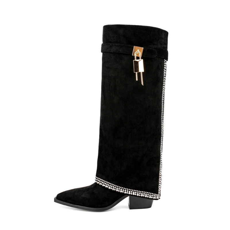 Black Rhinestone Suede Square Toe Block Heel Fold Over Cowboy Boots Knee Hgih Booties 4 Black Rhinestone Suede Square Toe Block Heel Fold Over Cowboy Boots Knee Hgih Booties - Image 2