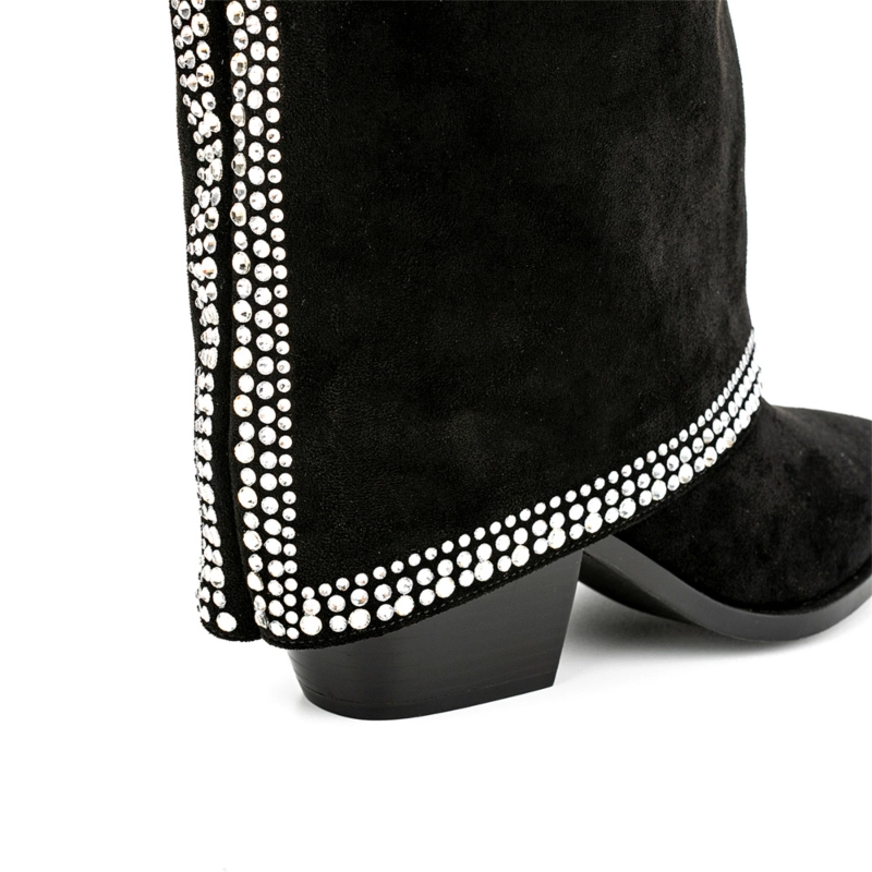 Black Rhinestone Suede Square Toe Block Heel Fold Over Cowboy Boots Knee Hgih Booties 5 Black Rhinestone Suede Square Toe Block Heel Fold Over Cowboy Boots Knee Hgih Booties - Image 3