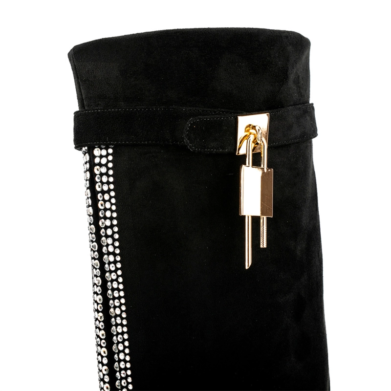 Black Rhinestone Suede Square Toe Block Heel Fold Over Cowboy Boots Knee Hgih Booties 7 Black Rhinestone Suede Square Toe Block Heel Fold Over Cowboy Boots Knee Hgih Booties - Image 5