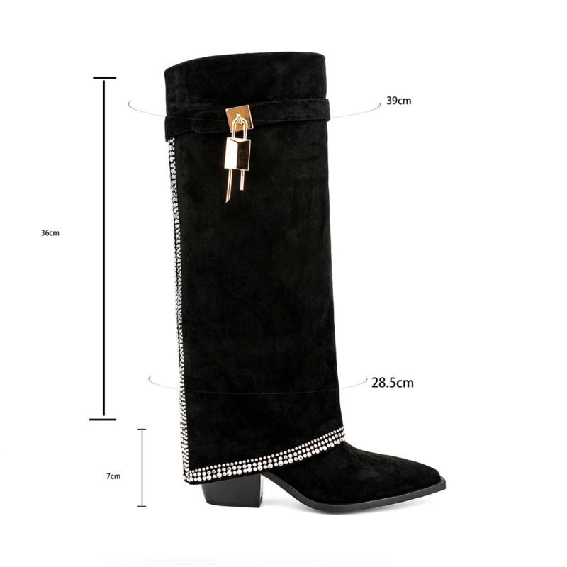 Black Rhinestone Suede Square Toe Block Heel Fold Over Cowboy Boots Knee Hgih Booties 11 Black Rhinestone Suede Square Toe Block Heel Fold Over Cowboy Boots Knee Hgih Booties - Image 9