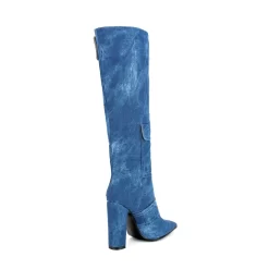 Blue Denim Pointed Toe Chunky Heel Pocket Knee High Boots -Ladies Fashion Shoes ushs 226.jpg.mst