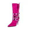 Magenta Suede Pointed Toe Stilettos Buckles Mid-calf Boots