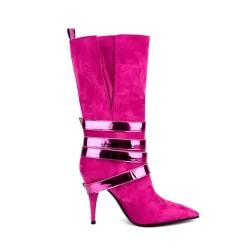 Magenta Suede Pointed Toe Stilettos Buckles Mid-calf Boots -Ladies Fashion Shoes ushs 234.jpg.mst