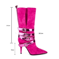 Magenta Suede Pointed Toe Stilettos Buckles Mid-calf Boots -Ladies Fashion Shoes ushs 240.jpg.mst