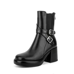 Round Toe Platform Block Heel Chelsea Boots Buckle Ankle Booties