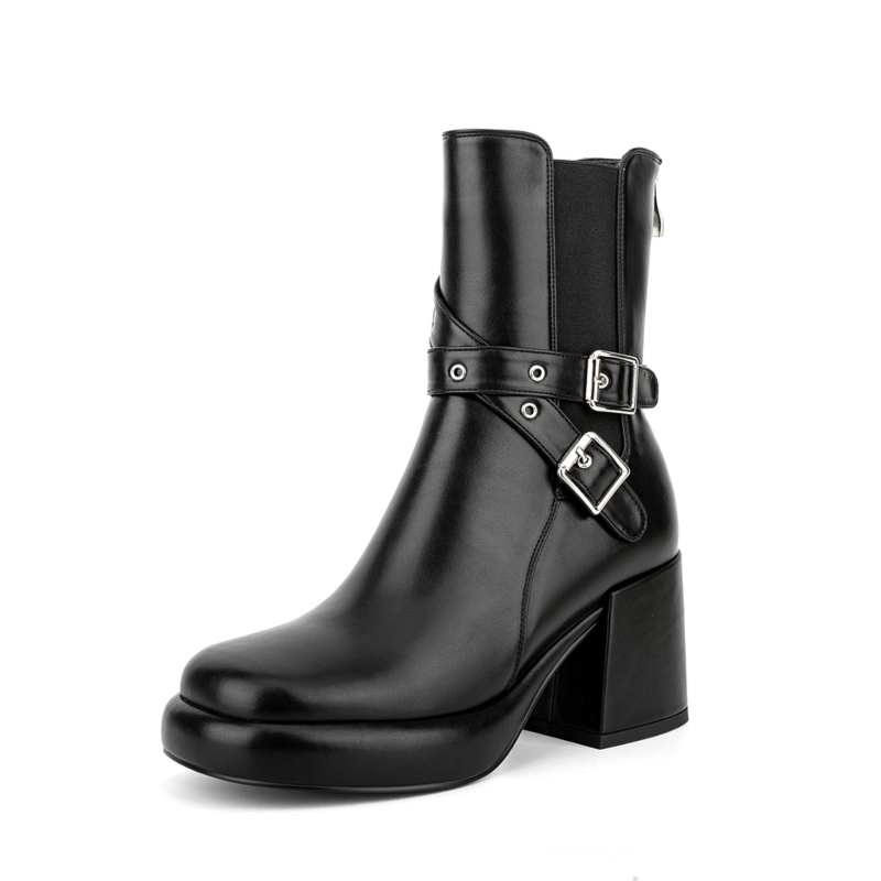 Round Toe Platform Block Heel Chelsea Boots Buckle Ankle Booties 3 Round Toe Platform Block Heel Chelsea Boots Buckle Ankle Booties