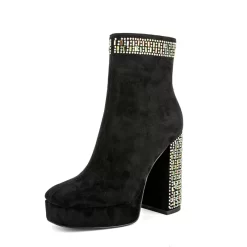 Women's Rhinestone Block Heel Square Toe Platform Suede Ankle Booties