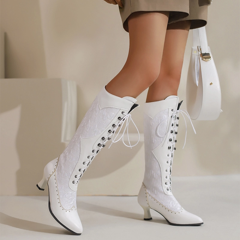 Vintage Spool Heel Boots Pointed Toe Lace Up Knee High Boots - Image 6