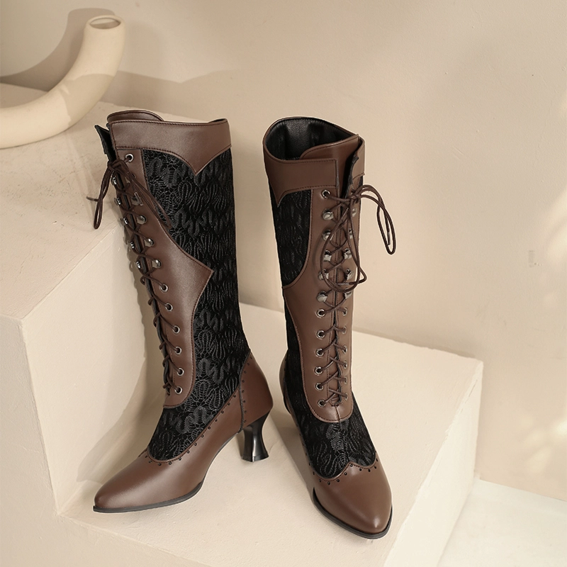 Vintage Spool Heel Boots Pointed Toe Lace Up Knee High Boots - Image 19