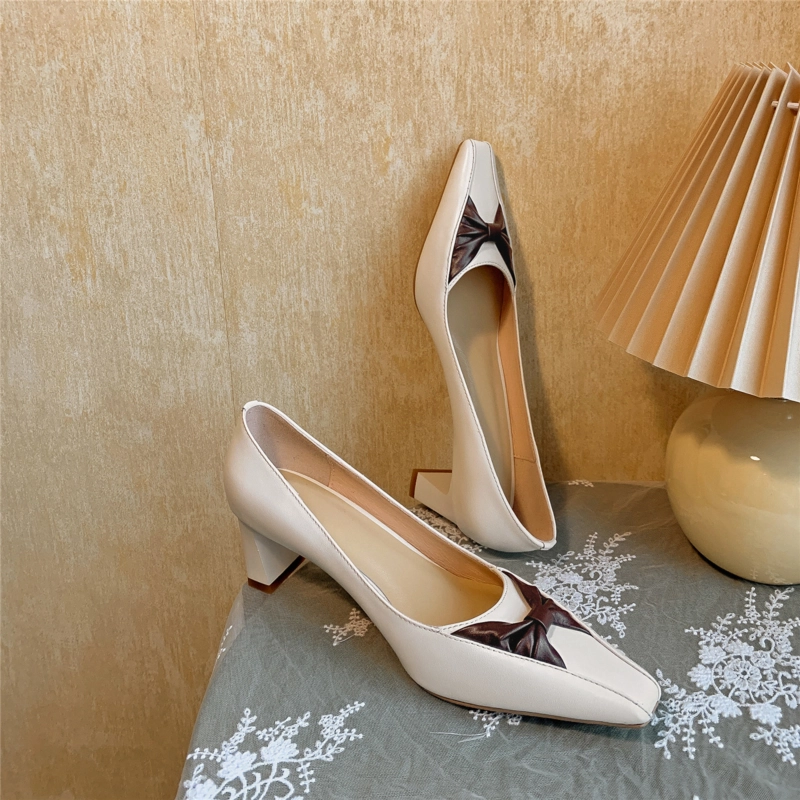 Wedding Leather Bow Pumps Medium Heel Shoes With Square Toe - Image 10