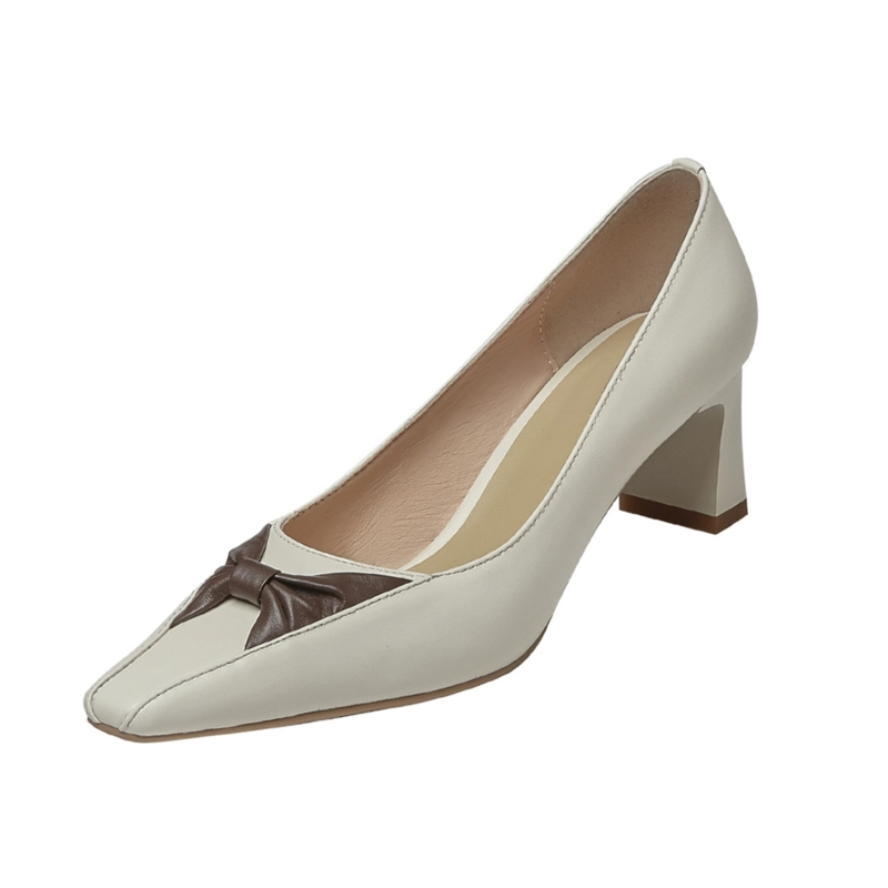 Wedding Leather Bow Pumps Medium Heel Shoes With Square Toe - Image 5