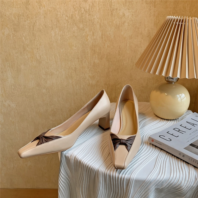 Wedding Leather Bow Pumps Medium Heel Shoes With Square Toe - Image 19