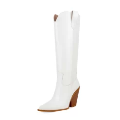 White Chunky Heel Cowboy Boots Zip Cowgirl Knee High Boots