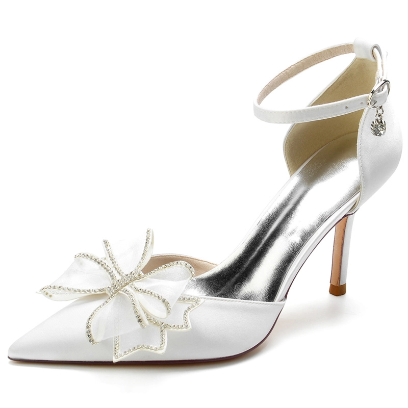 Champagne Satin Wedding Shoes Ankle Strap Pointed Toe Stiletto Pumps With Bow - Image 3