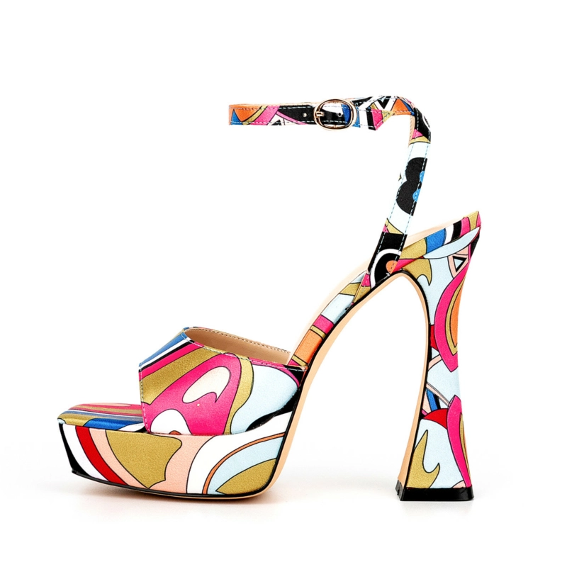 Women Scrawl Platform Sandals Spool Heel Square Toe Ankle Strap Party Shoes - Image 16