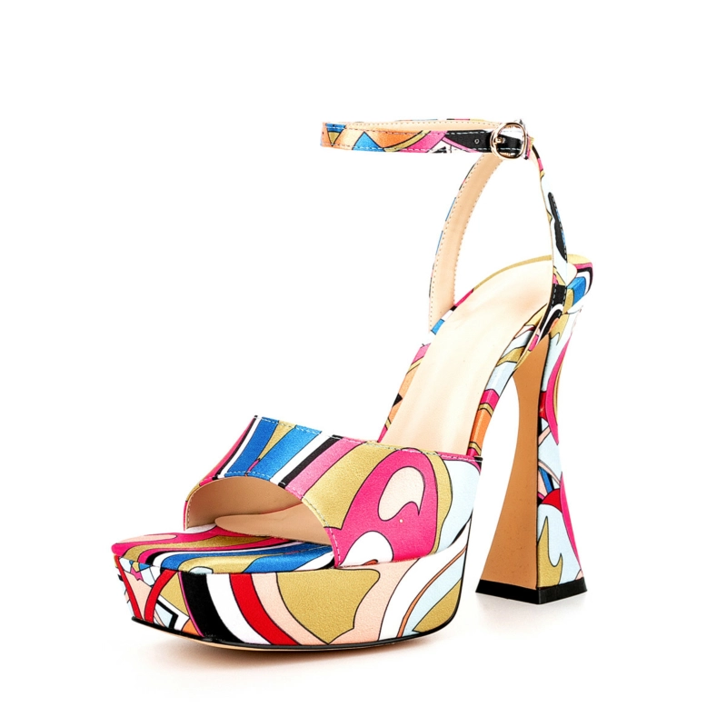 Women Scrawl Platform Sandals Spool Heel Square Toe Ankle Strap Party Shoes - Image 15