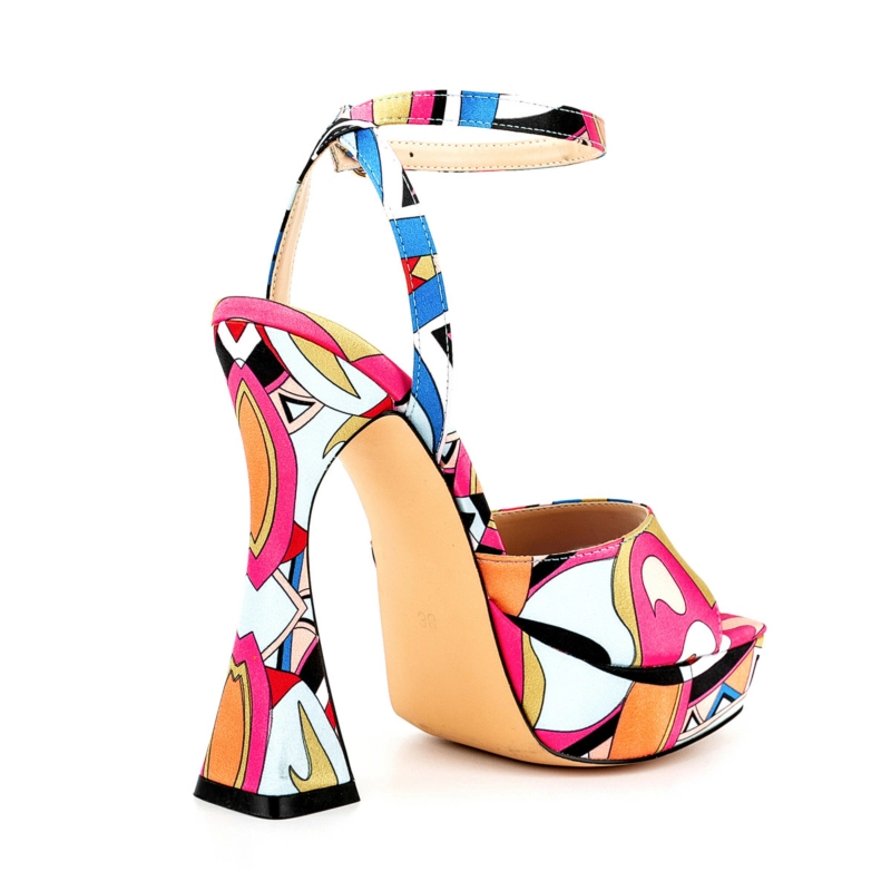 Women Scrawl Platform Sandals Spool Heel Square Toe Ankle Strap Party Shoes - Image 20