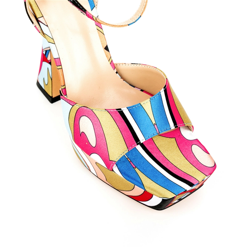 Women Scrawl Platform Sandals Spool Heel Square Toe Ankle Strap Party Shoes - Image 19