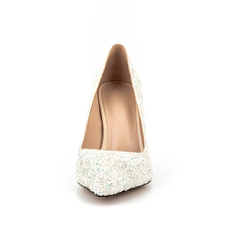 White Sequin Pumps Heels Pearl Stiletto Heeled Shoes For Wedding - Image 3