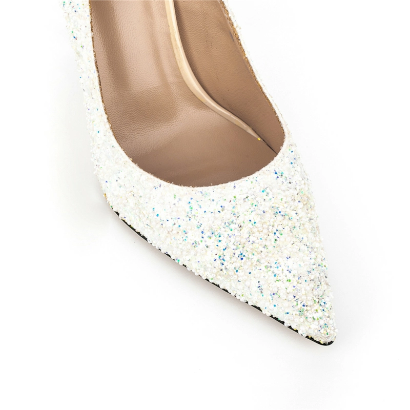 White Sequin Pumps Heels Pearl Stiletto Heeled Shoes For Wedding - Image 4