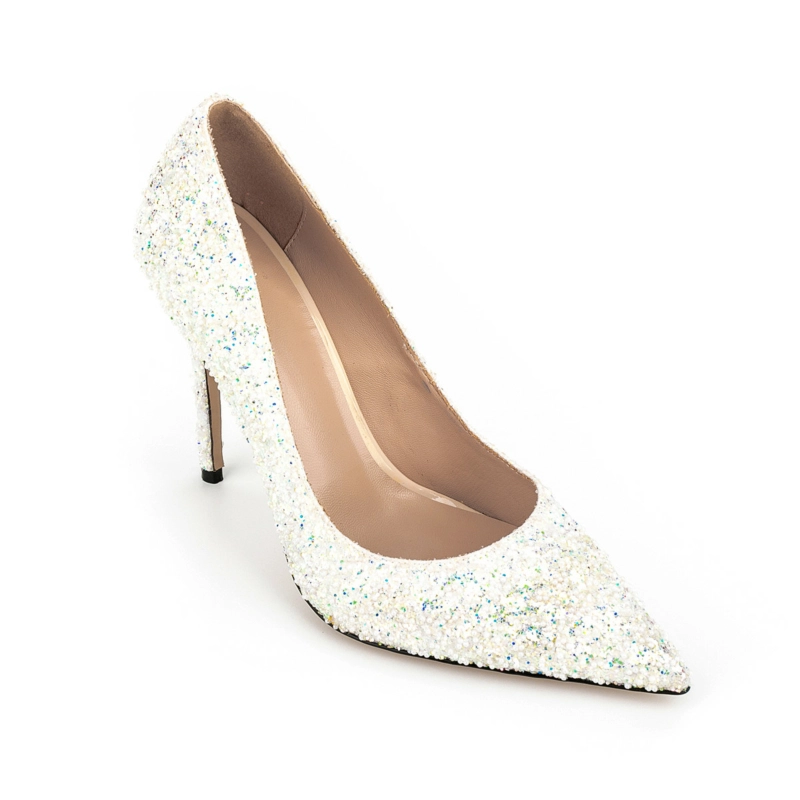 White Sequin Pumps Heels Pearl Stiletto Heeled Shoes For Wedding - Image 7