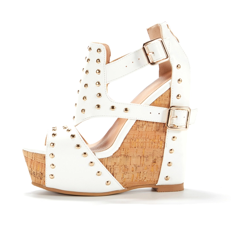 White Studded Cut Out Wedge Sandals Platform Shoes With Buckle - Image 2