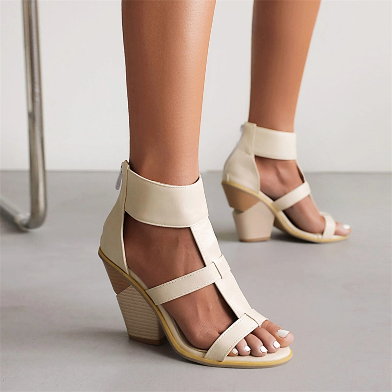 T-Strap Flip Flops Gladiator Heels Strappy Chunky Heels Zipper Sandals - Image 17