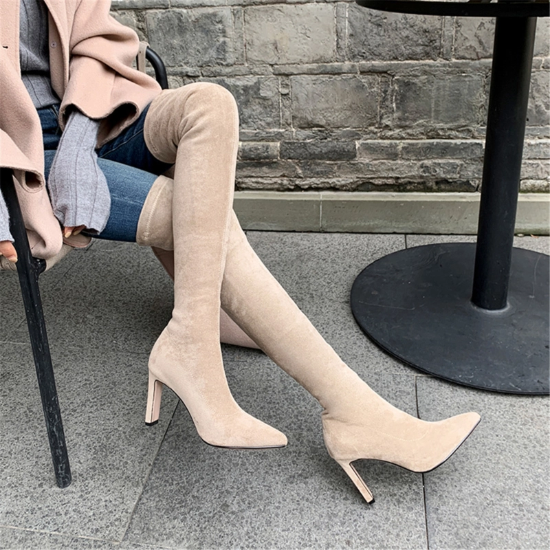 Winter Pull-on Elastic Heeled Thigh High Boots - Image 4