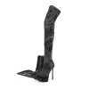 Black Flowers Printed Pointed Toe Platform Heels Thing-high Long Boots
