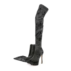 Black Flowers Printed Pointed Toe Platform Heels Thing-high Long Boots