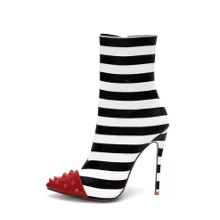 Black And White Stripe Ankle Boots Red Rivets Pointed Toe Stilettos Booties -Ladies Fashion Shoes wj a423 1.jpg.mst