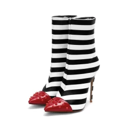 Black And White Stripe Ankle Boots Red Rivets Pointed Toe Stilettos Booties -Ladies Fashion Shoes wj a423 4.jpg.mst