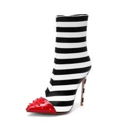 Black And White Stripe Ankle Boots Red Rivets Pointed Toe Stilettos Booties