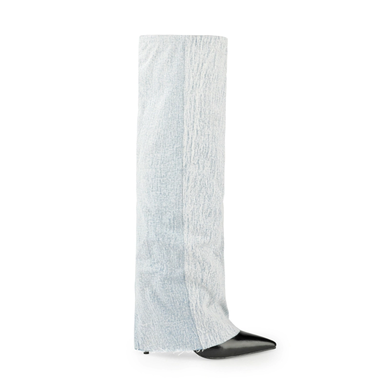 Women's Light Blue Denim Flap Pointed Toe Knee High Boots 7 Women's Light Blue Denim Flap Pointed Toe Knee High Boots - Image 5