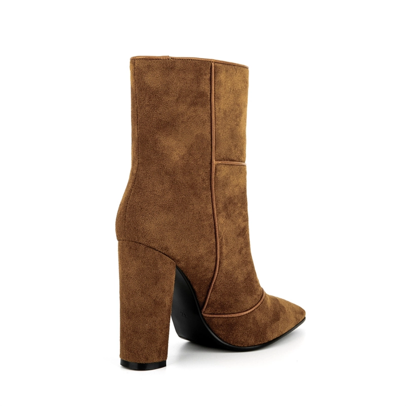 Women's Brown Suede Pointed Toe Chunky Heel Ankle Booties - Image 6