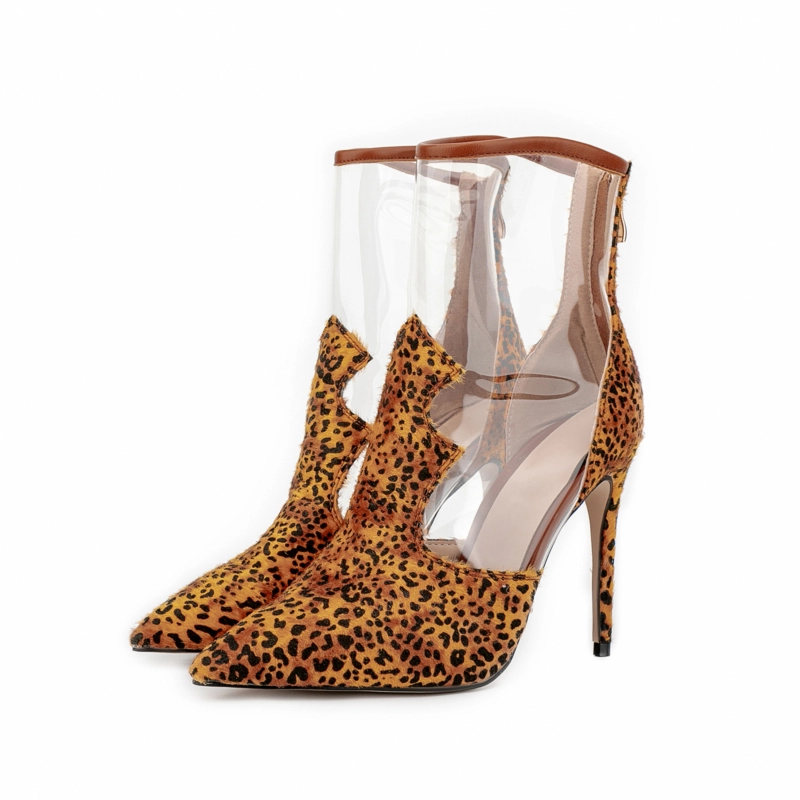 Women's Horsehair Leopard Print Pointed Toe Stiletto Heel Ankle Booties - Image 2
