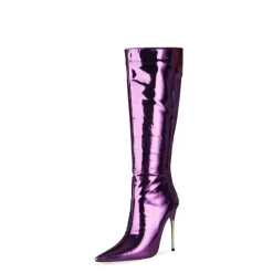 Mirror Long Knee High Boots Metallic Stiletto Heel Shiny Dress Boots